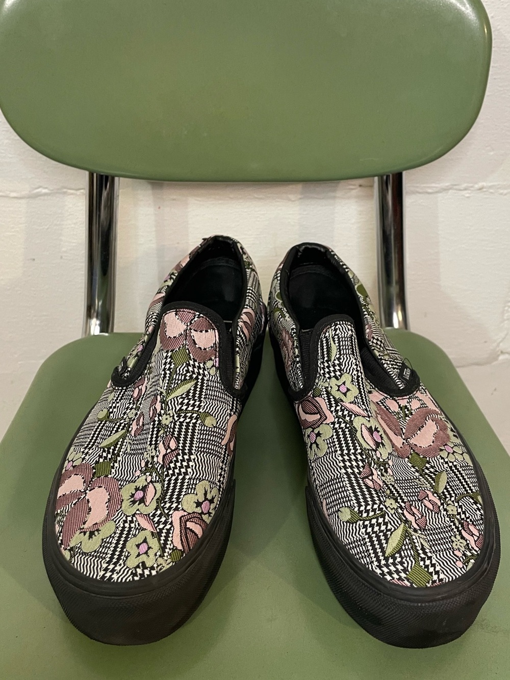 Vans Slip-On Flats in Black, Pink & Green Floral Plaid